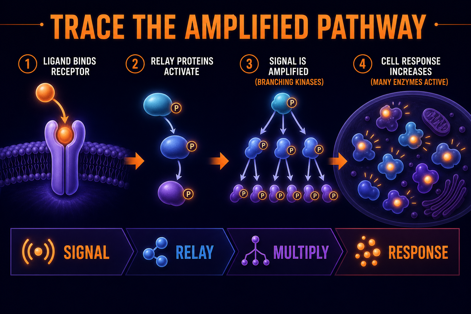 AP Biology signal amplification FRQ reasoning infographic showing how to trace ligand binding, relay proteins, amplification, and cellular response