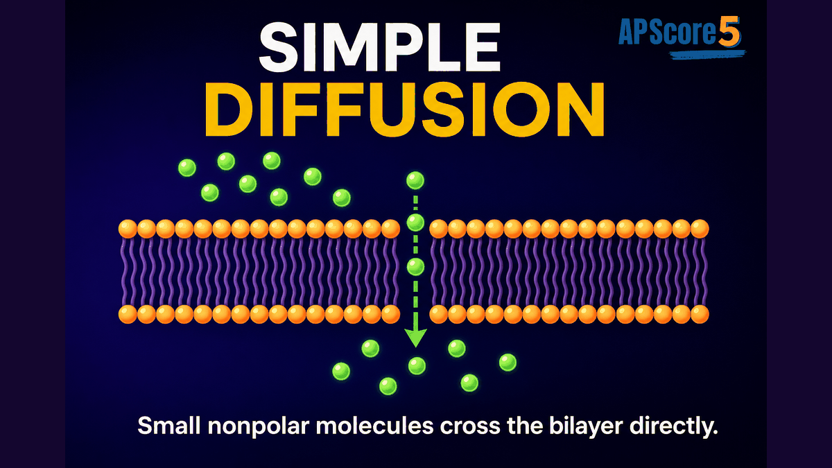 Simple diffusion AP Biology infographic showing small nonpolar molecules crossing directly through the phospholipid bilayer