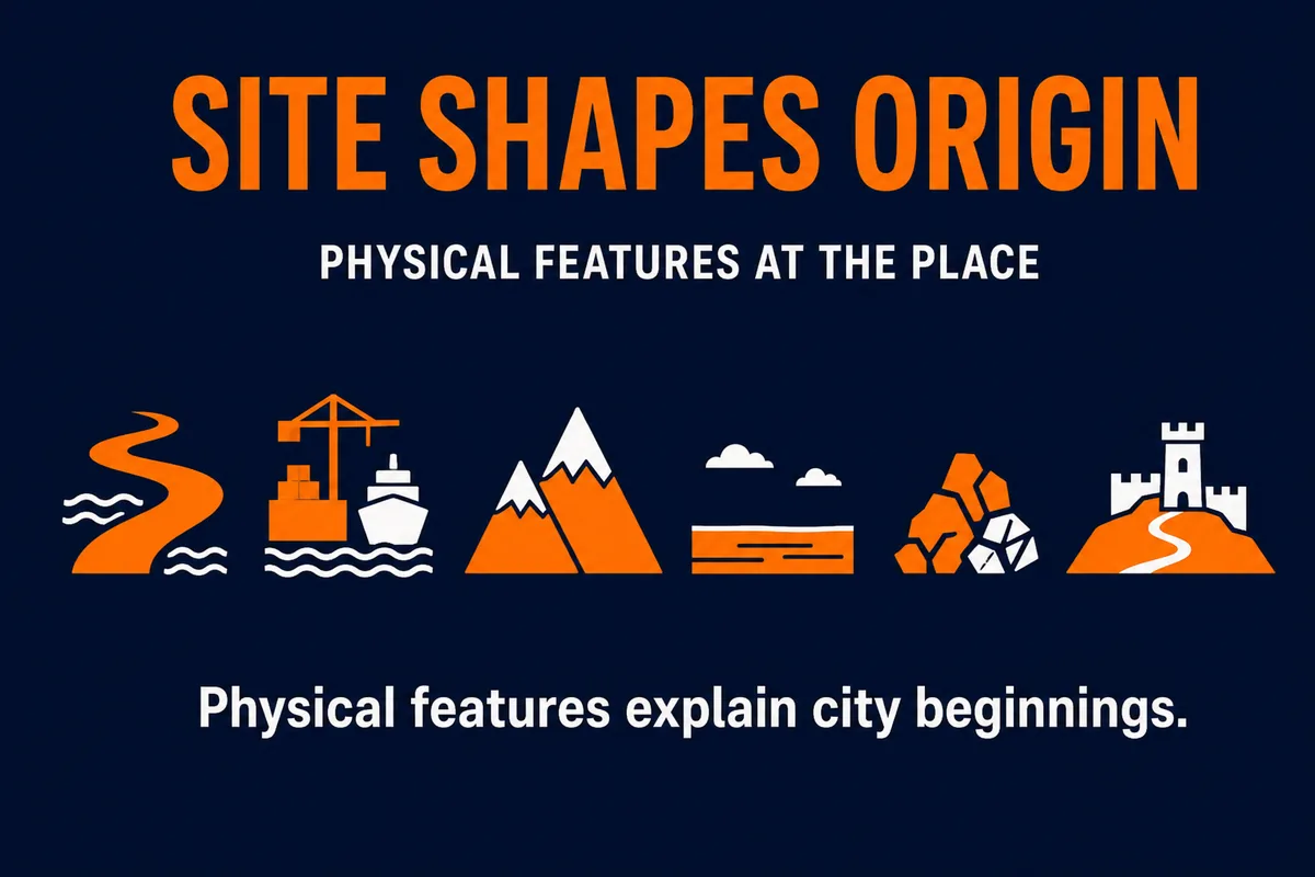 AP Human Geography site factors infographic showing a city near water, landforms, natural resources, flat land, and defensive high ground.