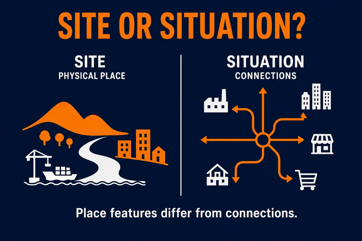 AP Human Geography site versus situation infographic comparing physical location clues with trade route and transportation connection clues.