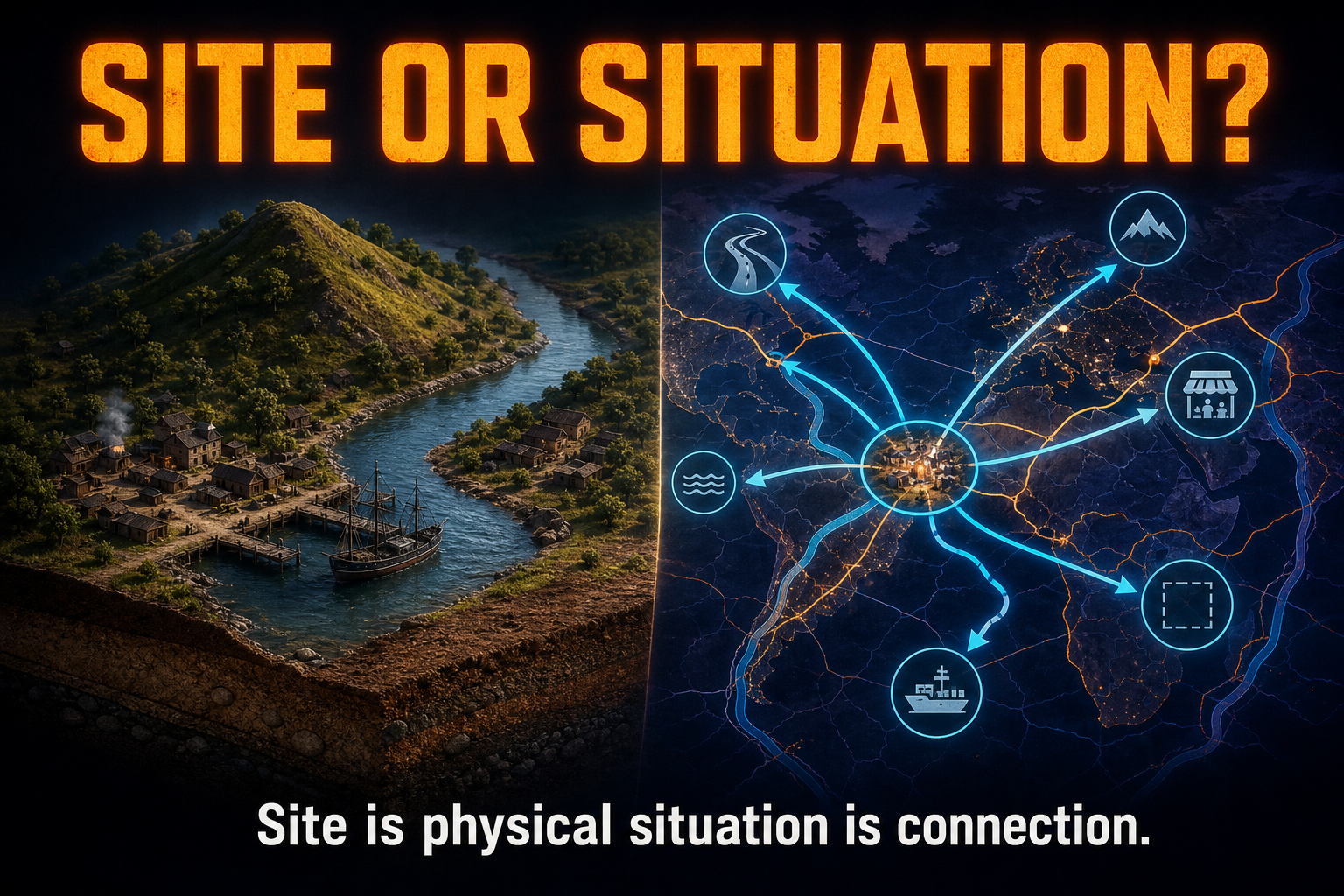 Site versus situation in AP Human Geography comparing local physical traits with relative location and external connections