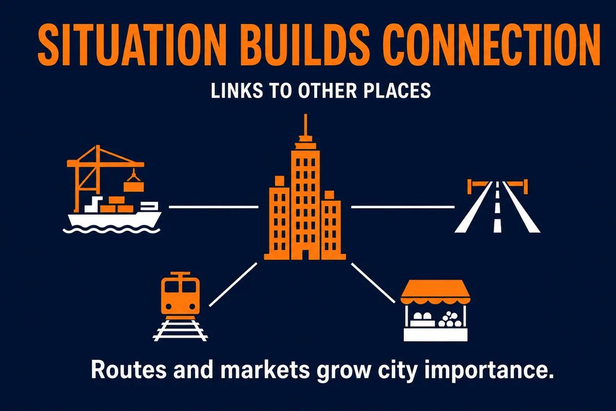 AP Human Geography situation infographic showing a central city connected to ports, highways, railroads, markets, borders, and nearby cities.