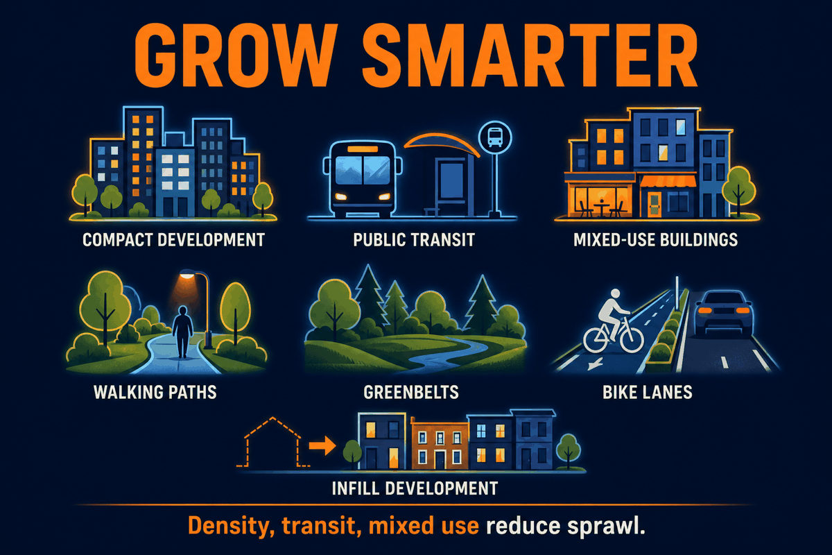 AP Human Geography smart growth infographic showing compact development, mixed-use neighborhoods, public transit, walkability, greenbelts, and infill development.
