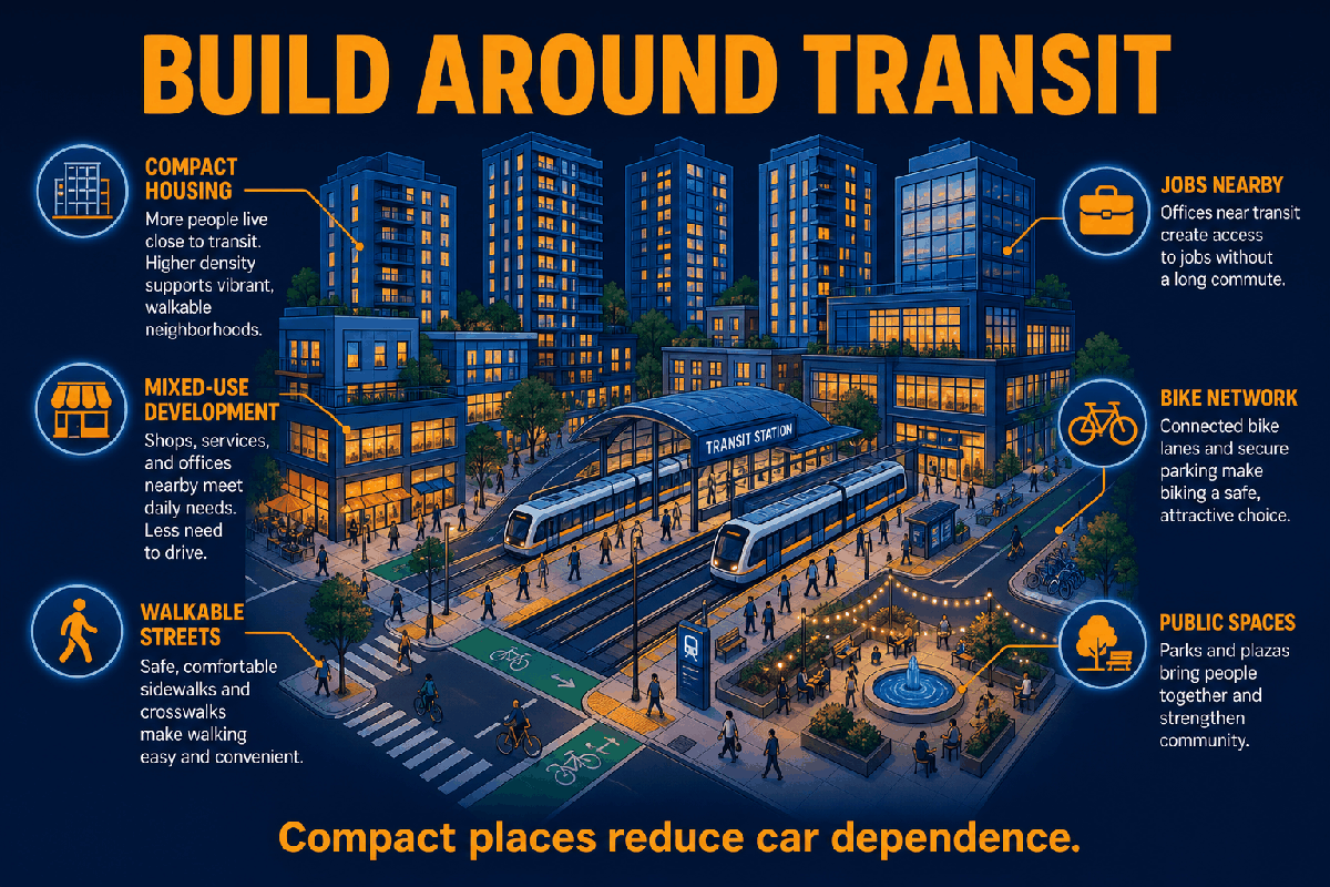 AP Human Geography smart growth and transit-oriented development infographic showing compact housing, transit stations, mixed-use buildings, walking paths, and bike lanes.