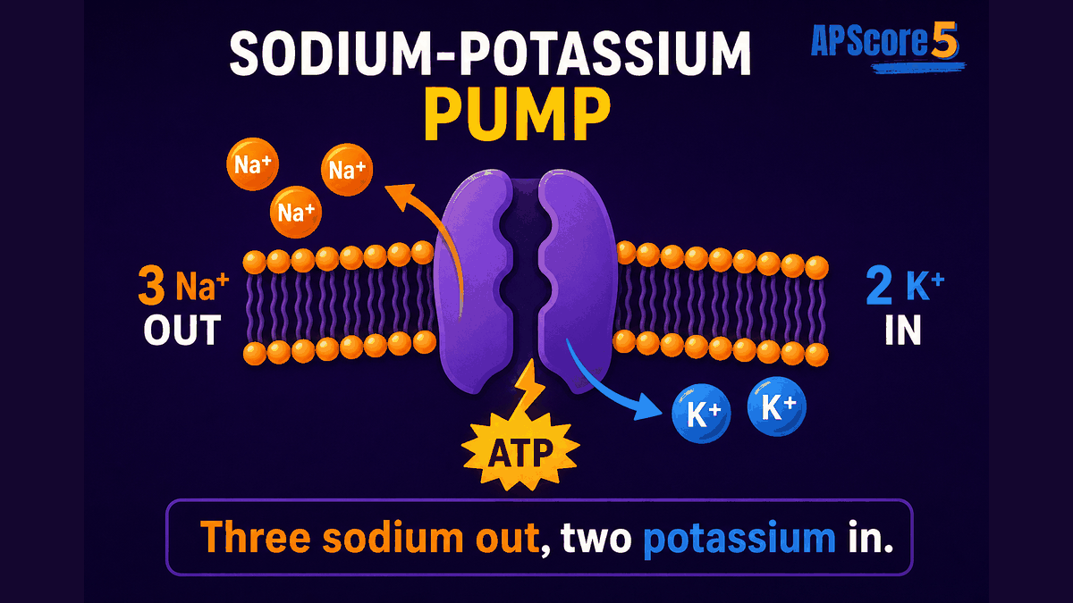 Sodium potassium pump AP Biology infographic showing three sodium ions moving out and two potassium ions moving in using ATP