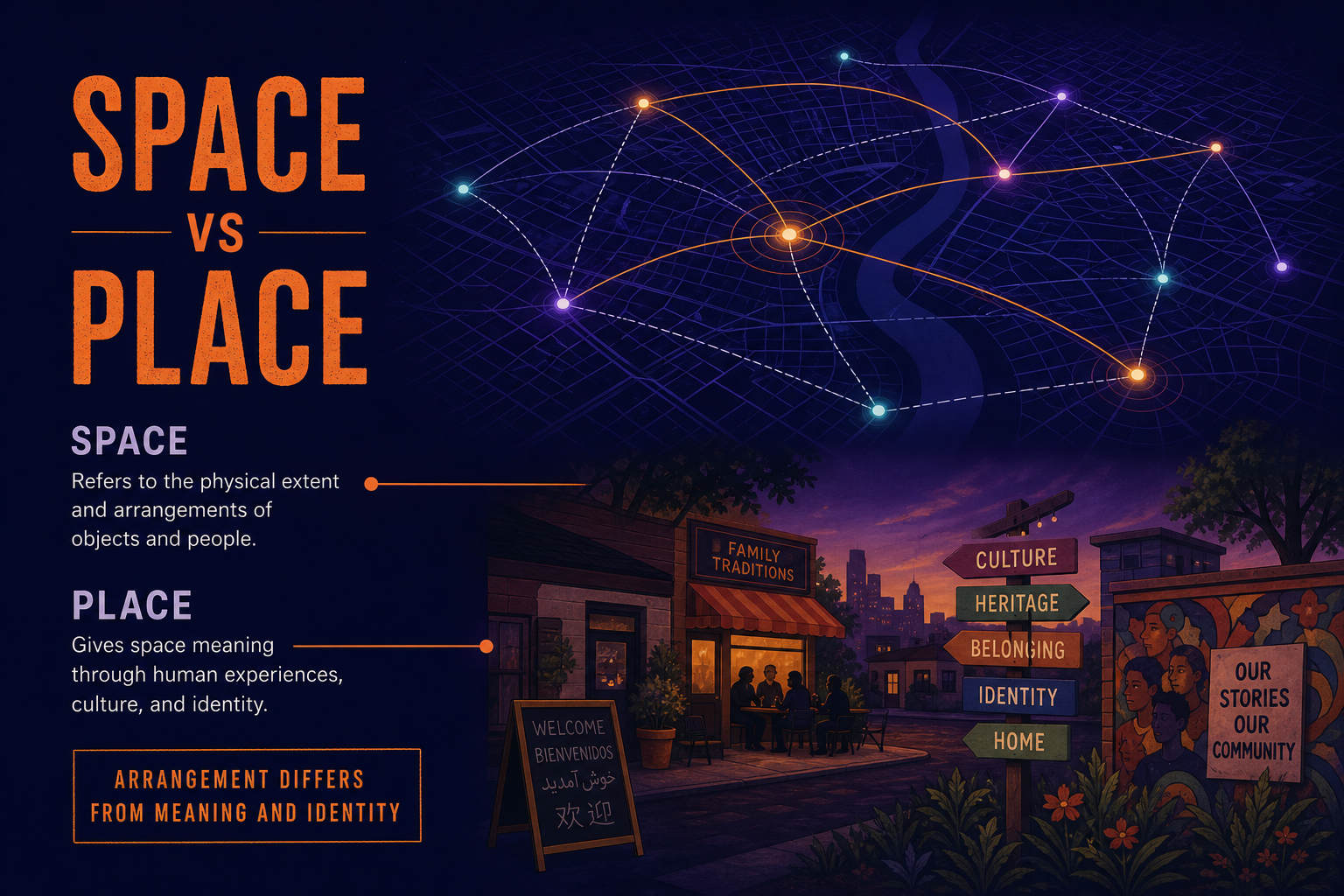Space versus place in AP Human Geography comparing spatial arrangement and connections with identity meaning and cultural traits