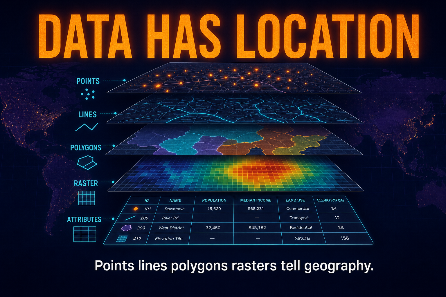 Spatial Data Types AP Human Geography Spatial data types in AP Human Geography showing points lines polygons rasters attributes and location-based information