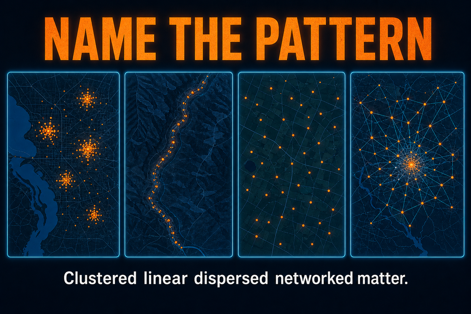 Spatial patterns in AP Human Geography showing clustered dispersed linear peripheral centralized random and networked arrangements