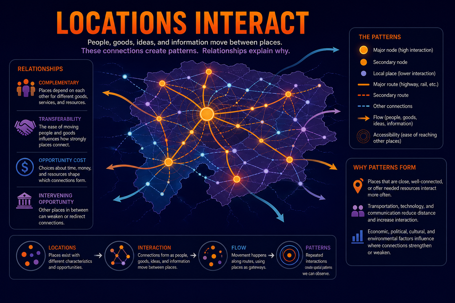 Spatial relationships in AP Human Geography showing proximity adjacency connectivity accessibility hierarchy and flows between locations