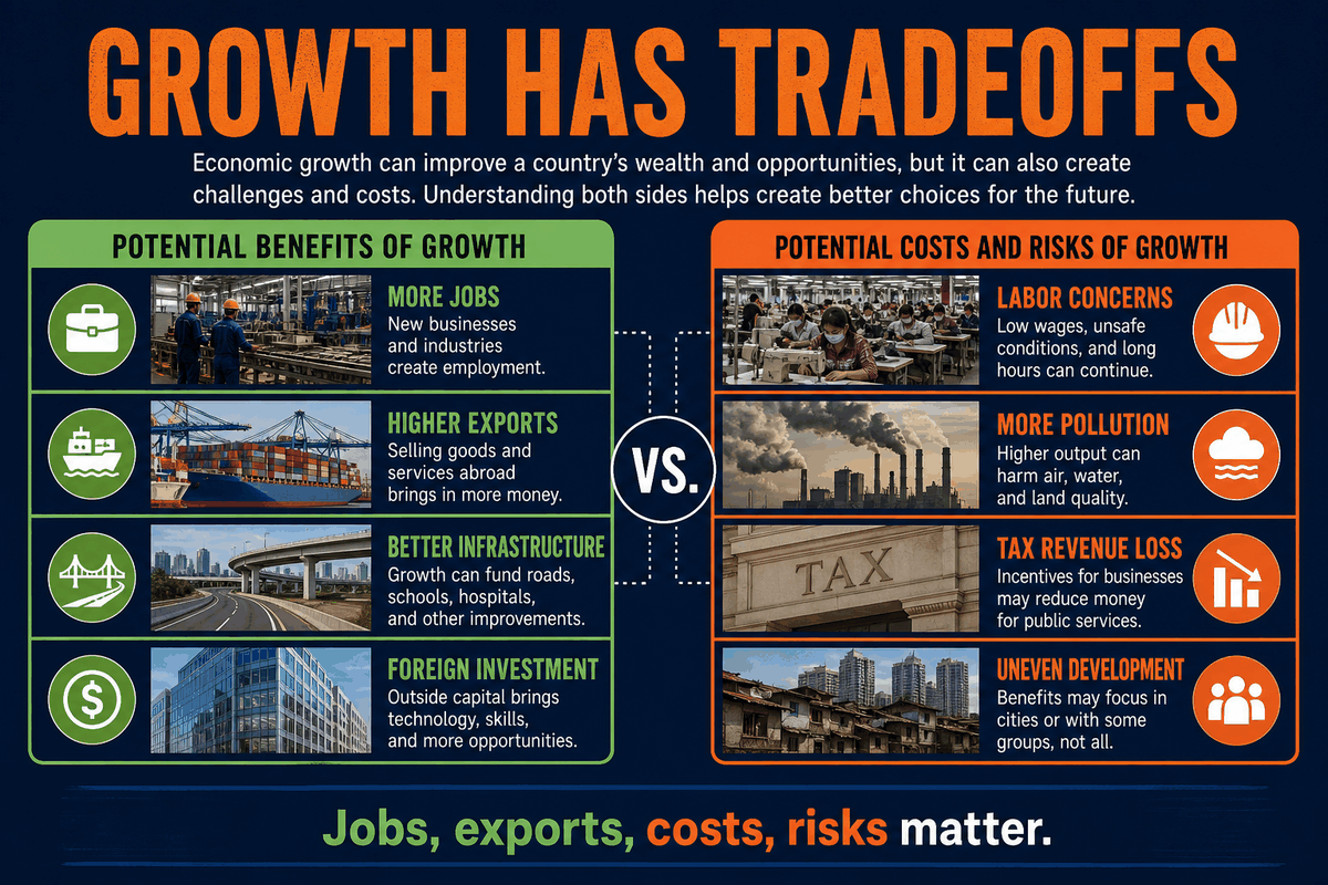 AP Human Geography special economic zones tradeoffs infographic showing jobs, exports, foreign investment, labor concerns, environmental costs, and uneven development.