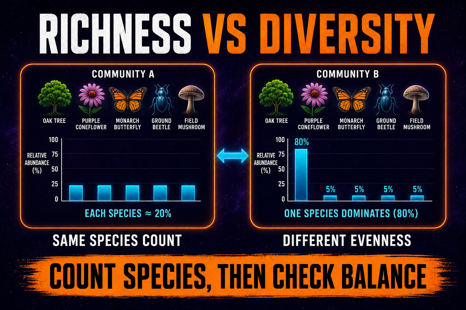 Species richness versus species diversity AP Biology showing species count and relative abundance in communities