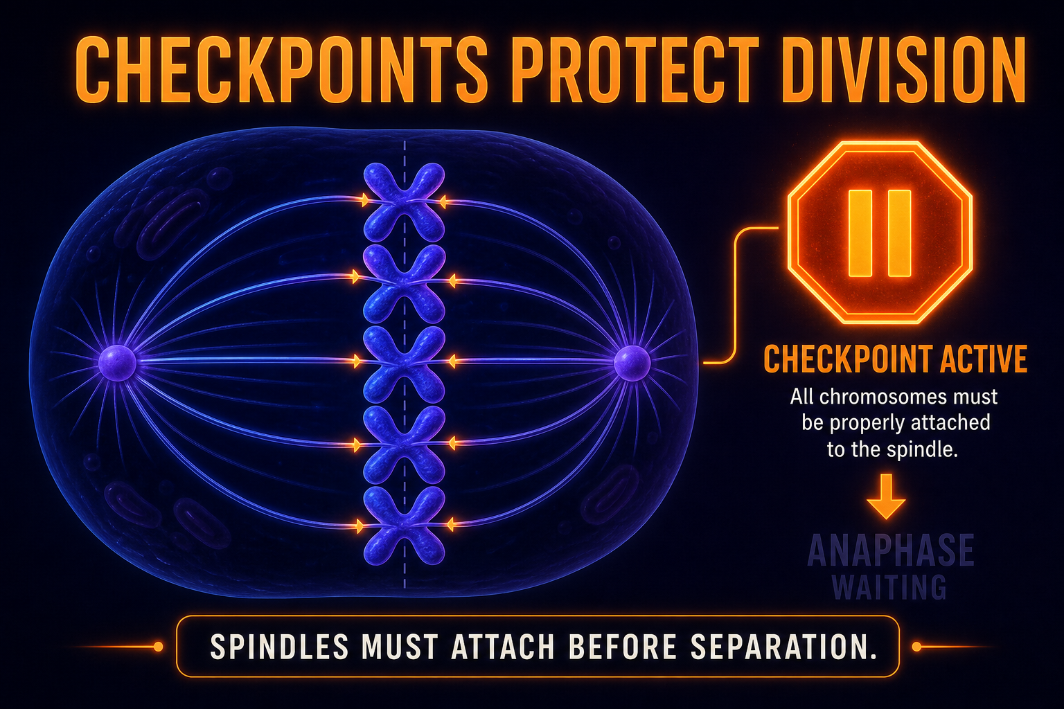 AP Biology spindle checkpoint infographic showing chromosomes attached to spindle fibers before chromosome separation