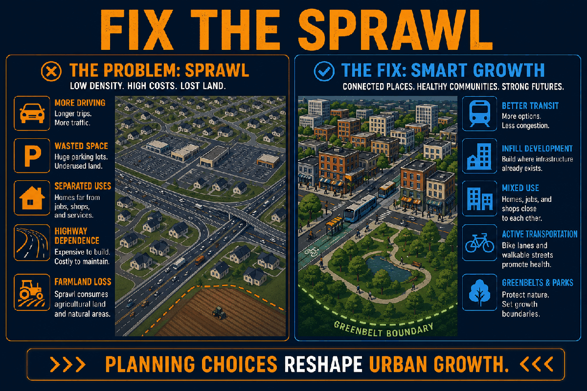 AP Human Geography sustainable planning infographic comparing urban sprawl problems with smart growth fixes such as infill, transit, mixed use, and greenbelts.