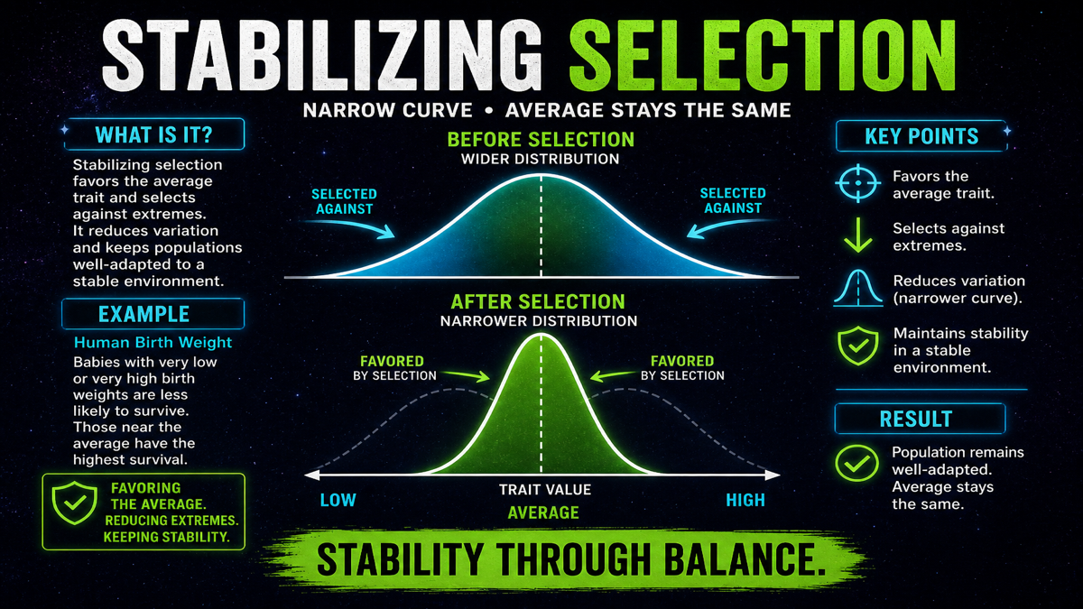Stabilizing selection AP Biology showing average phenotype favored and trait variation reduced