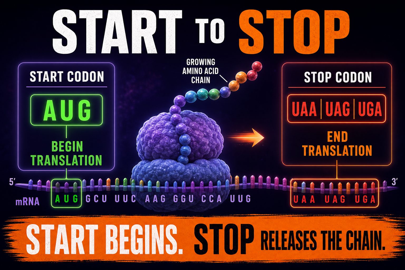 Start codon and stop codon AP Biology translation showing AUG and stop signal