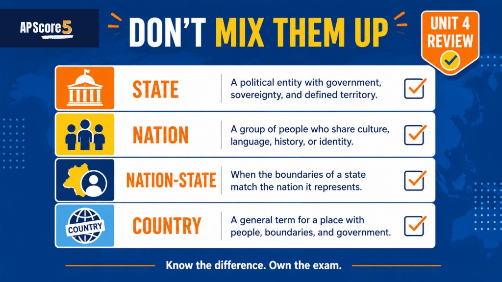 AP Human Geography final review checklist for state nation nation-state and country
