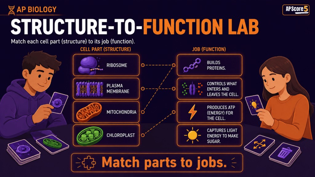Structure-to-function lab AP Biology infographic showing cell structures matched with their functions