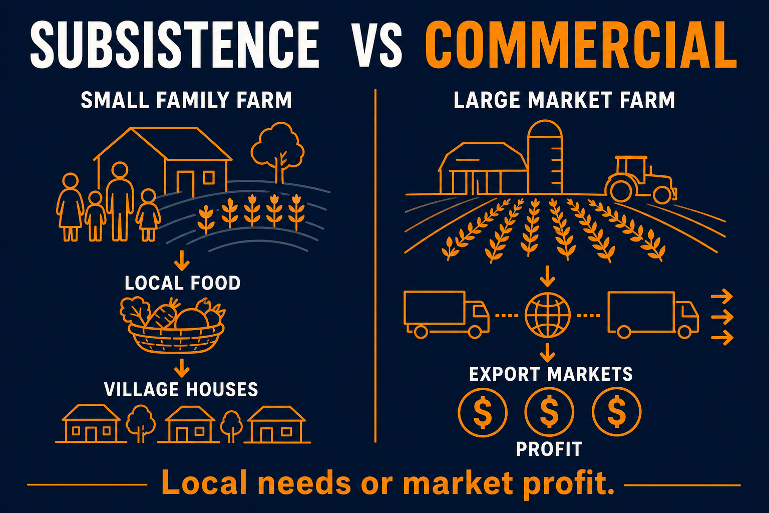 Subsistence vs commercial agriculture AP Human Geography infographic comparing family farming for local food with market farming for sale and profit