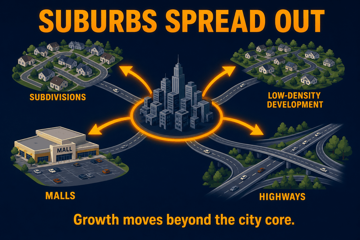 AP Human Geography suburbanization versus urban sprawl infographic showing outward population movement, suburbs, highways, and low-density land development.