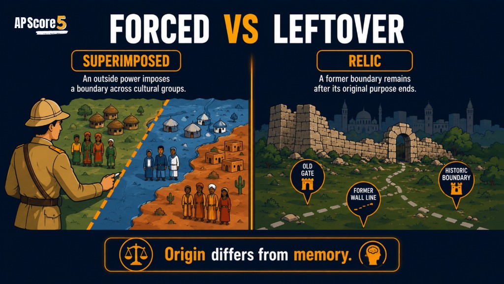 Superimposed versus relic boundaries AP Human Geography image comparing outside imposed boundary and former boundary remains