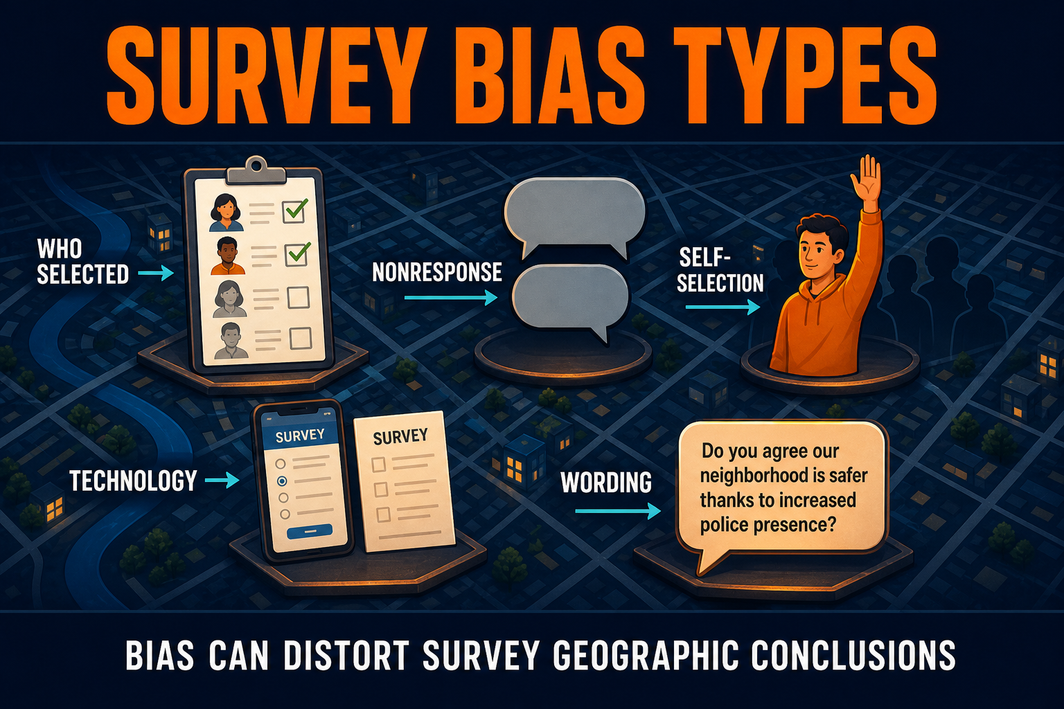 Survey bias types in AP Human Geography including sampling bias nonresponse bias self-selection bias technology bias and question wording bias