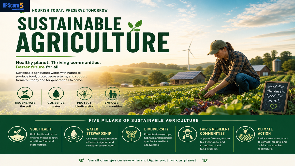 Sustainable agriculture AP Human Geography infographic showing healthy soil, crop rotation, water conservation, and local food around a farm