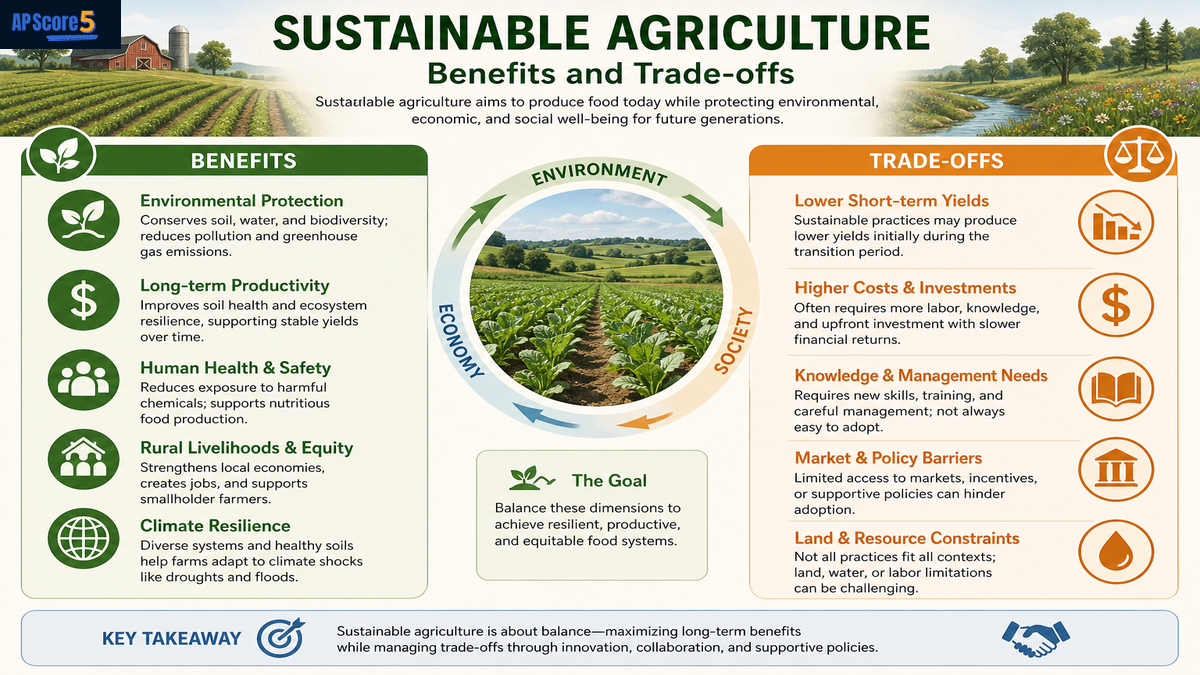 Sustainable agriculture benefits and tradeoffs AP Human Geography infographic comparing soil health biodiversity and water conservation with cost and lower short term yield challenges