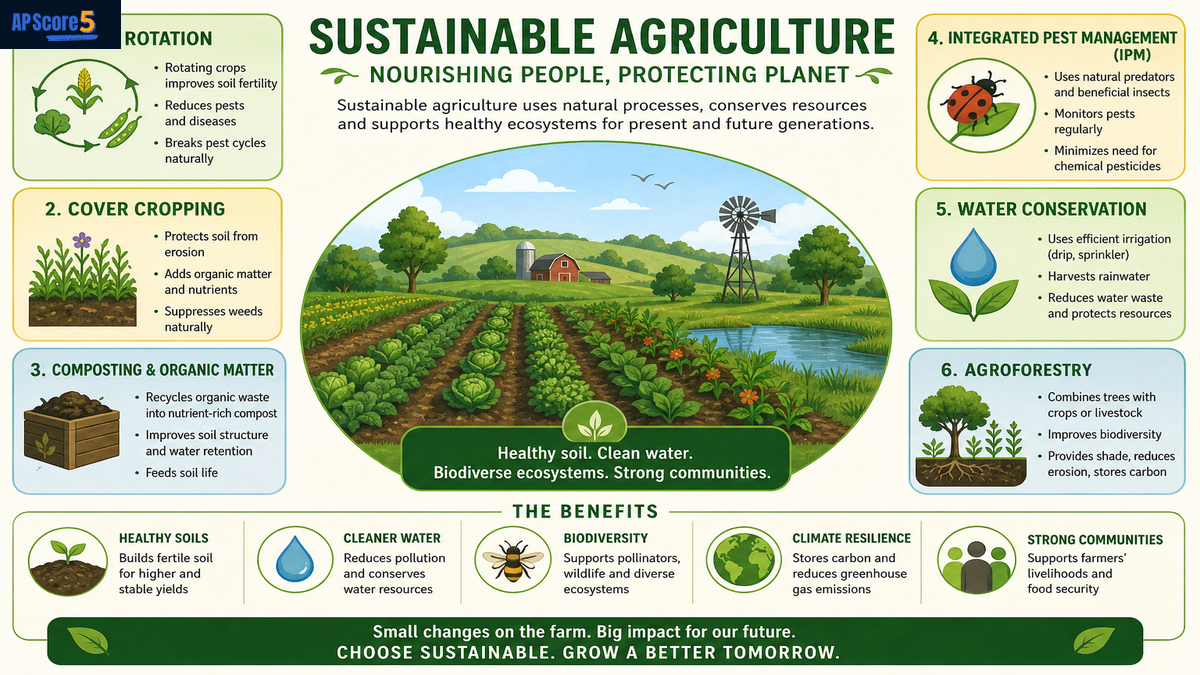 Sustainable agriculture methods AP Human Geography infographic showing crop rotation compost drip irrigation and reduced pesticides