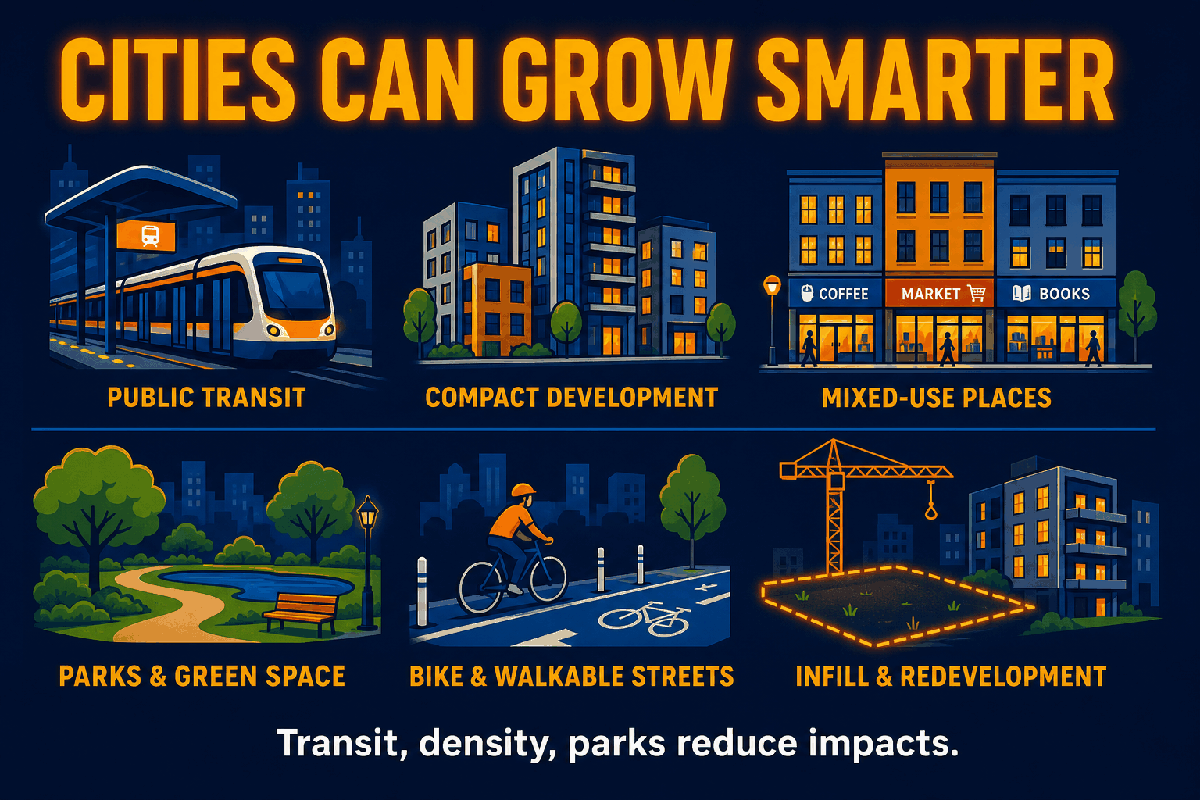 AP Human Geography sustainable city strategies infographic showing transit, compact development, mixed-use neighborhoods, parks, bike lanes, and infill development.