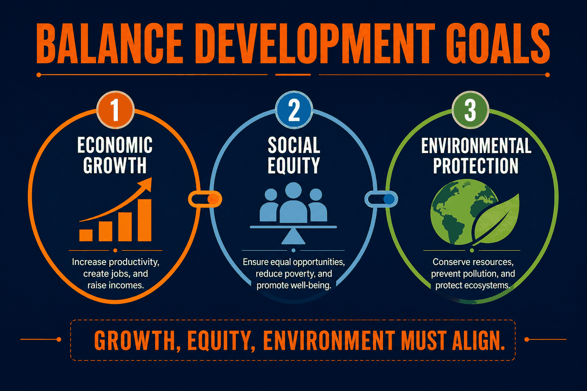 AP Human Geography sustainable development balance infographic showing economic growth, social equity, and environmental protection as connected goals.