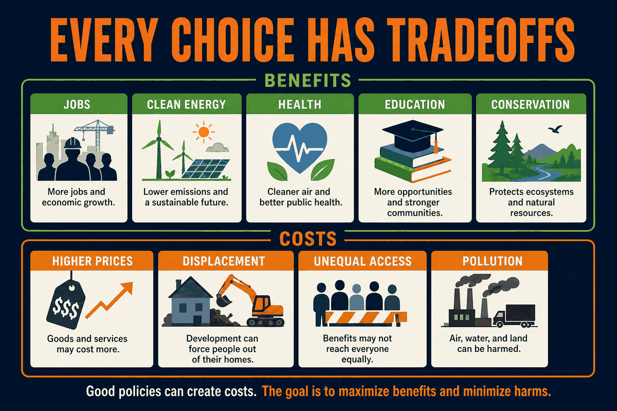 AP Human Geography sustainable development tradeoffs infographic showing economic growth, jobs, environmental protection, costs, inequality, and policy tradeoffs.