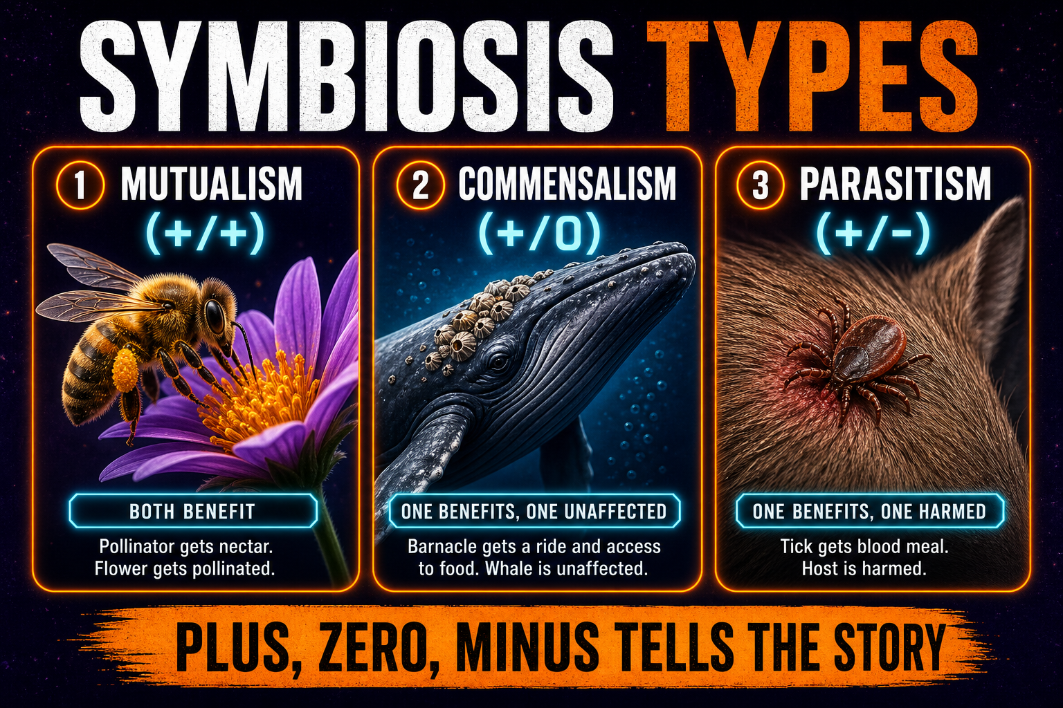 Symbiosis types AP Biology showing mutualism commensalism and parasitism with plus zero and minus effects