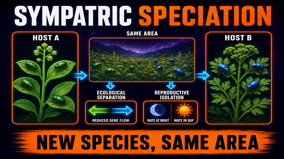 Sympatric speciation AP Biology showing populations diverging in the same area through reproductive isolation