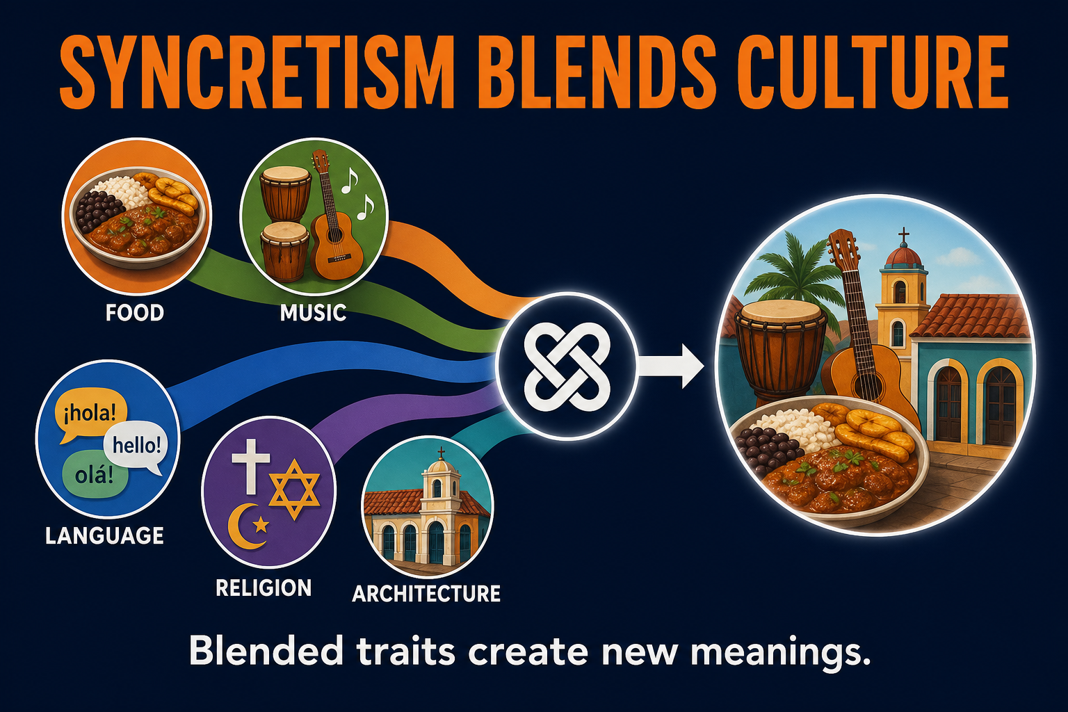 AP Human Geography syncretism visual showing food music language religion and architecture blending into a new cultural form