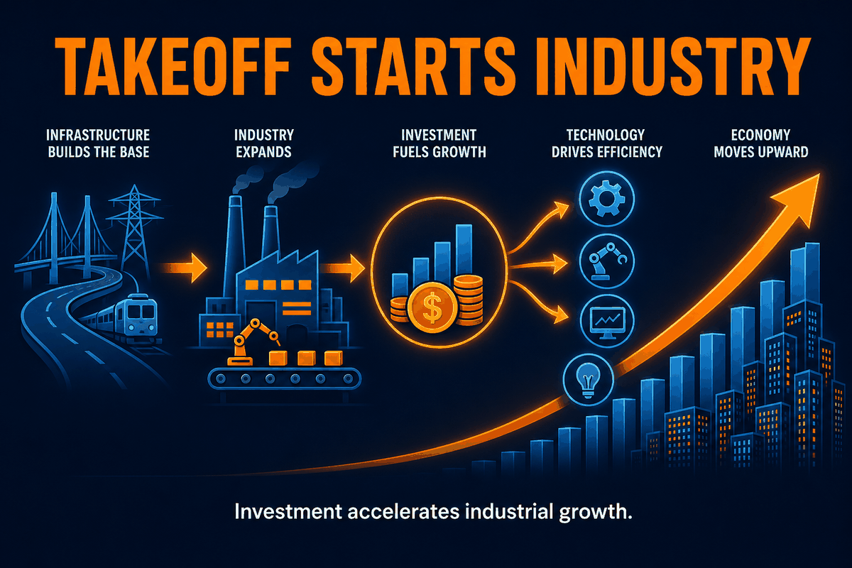 AP Human Geography Rostow takeoff stage infographic showing investment, infrastructure, factories, technology, and industrial growth accelerating development.