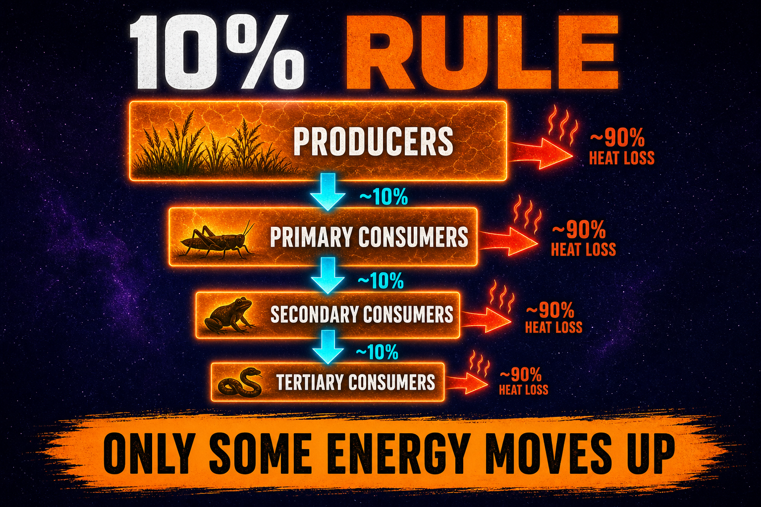 10 Percent Rule AP Biology 10 percent rule AP Biology showing decreasing energy transfer through trophic levels and heat loss