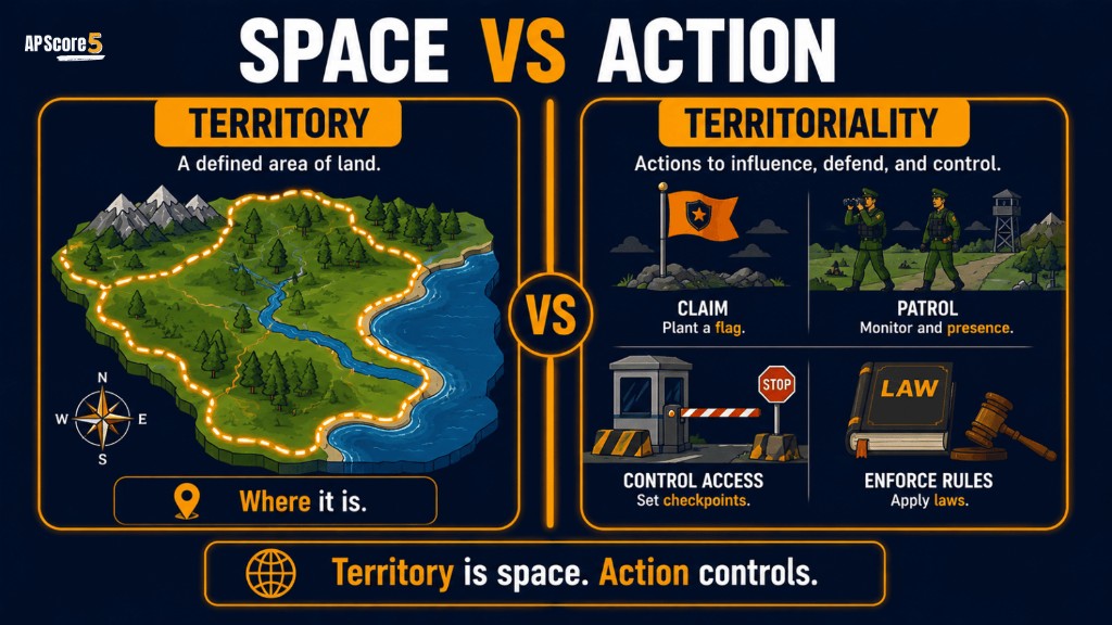 Territory versus territoriality AP Human Geography image comparing controlled space and actions used to control it