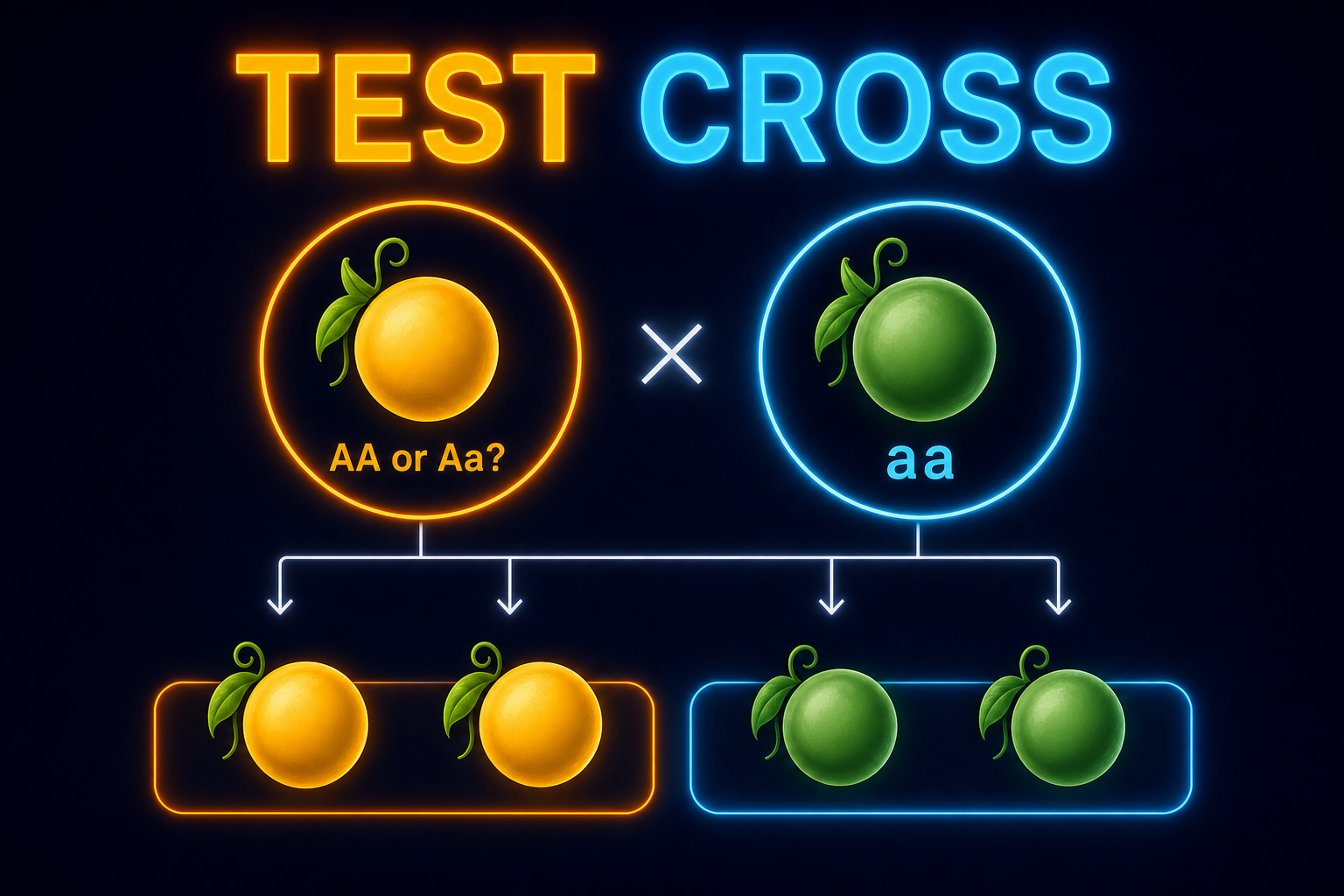 AP Biology test cross infographic showing unknown dominant genotype crossed with homozygous recessive tester and offspring evidence