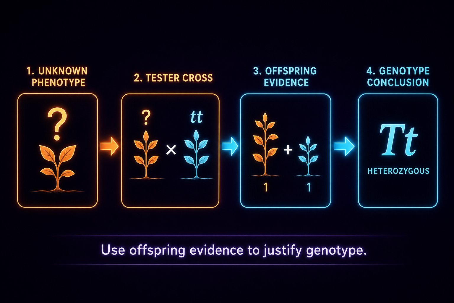 AP Biology test cross FRQ reasoning flow showing offspring evidence leading to genotype conclusion