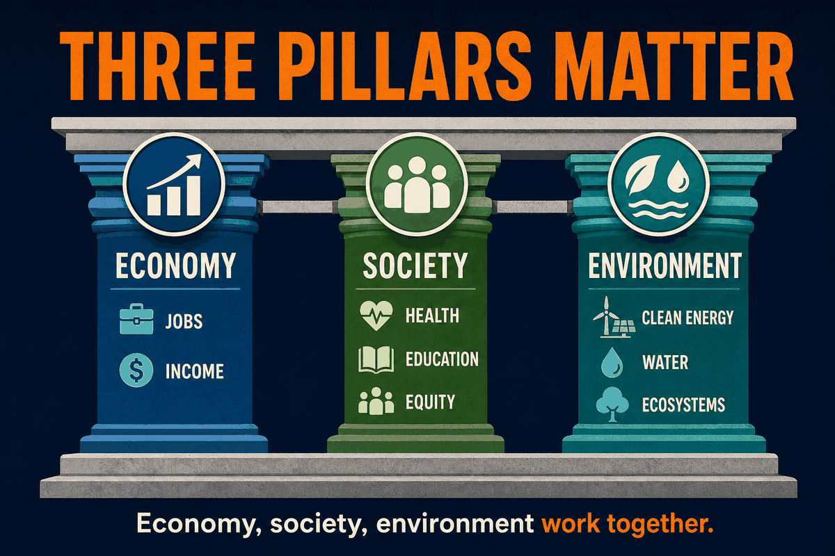 AP Human Geography three pillars of sustainable development infographic showing economy, society, and environment working together.