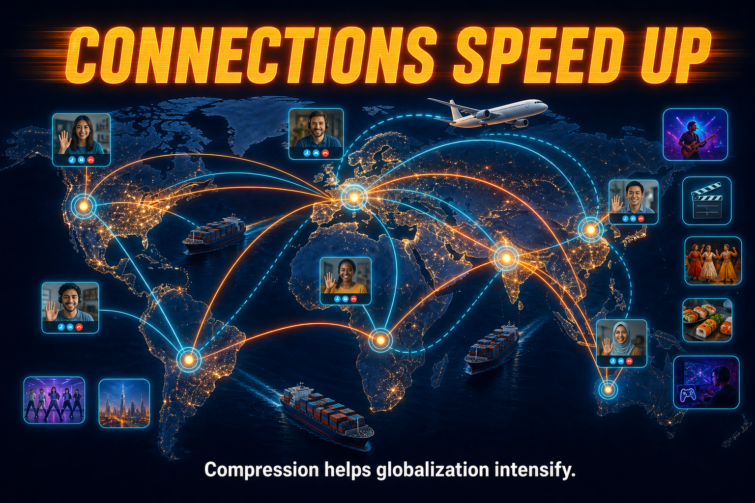Time-space compression and globalization in AP Human Geography showing faster trade communication migration culture and economic flows between places