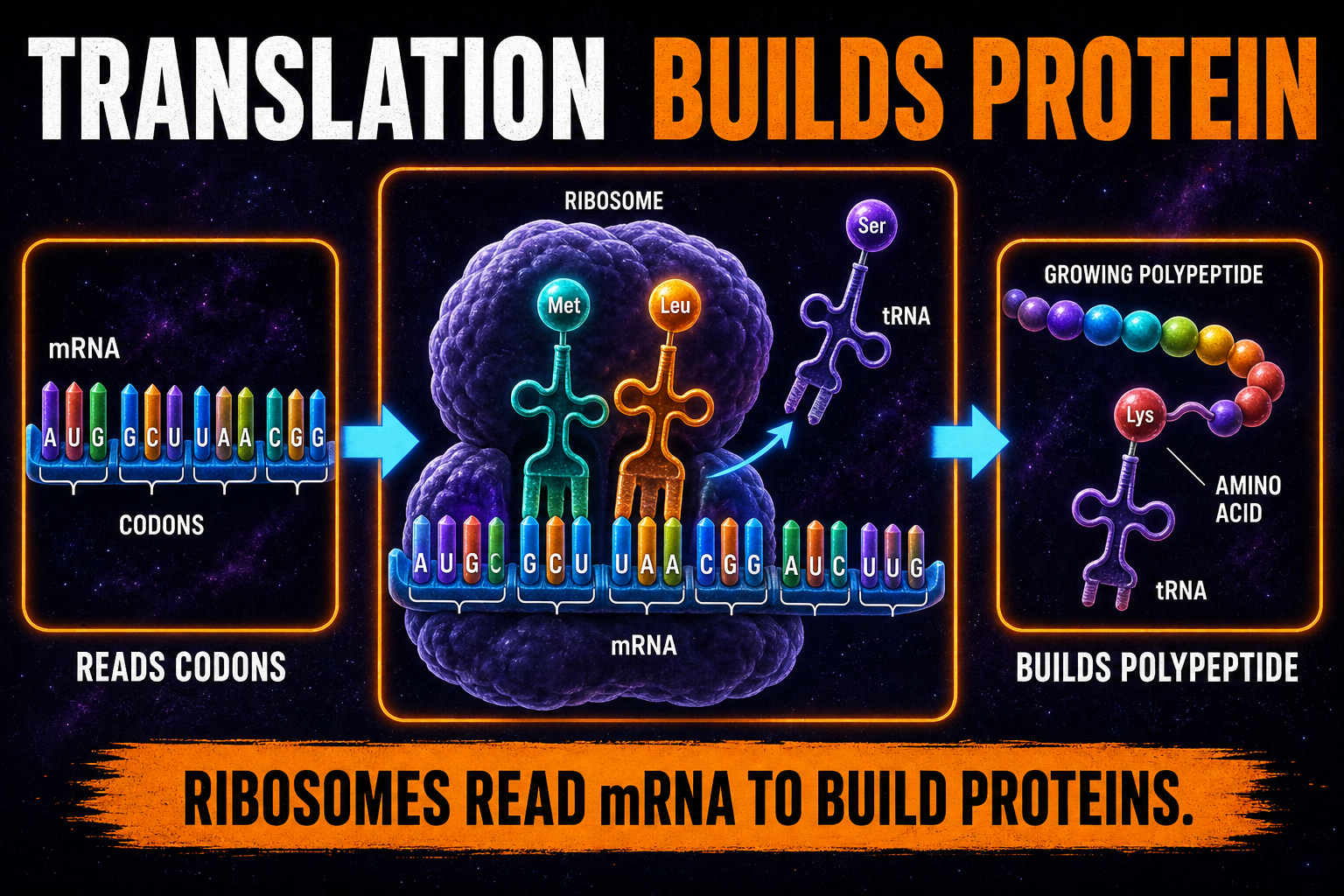 Translation AP Biology showing ribosome reading mRNA codons and tRNA bringing amino acids