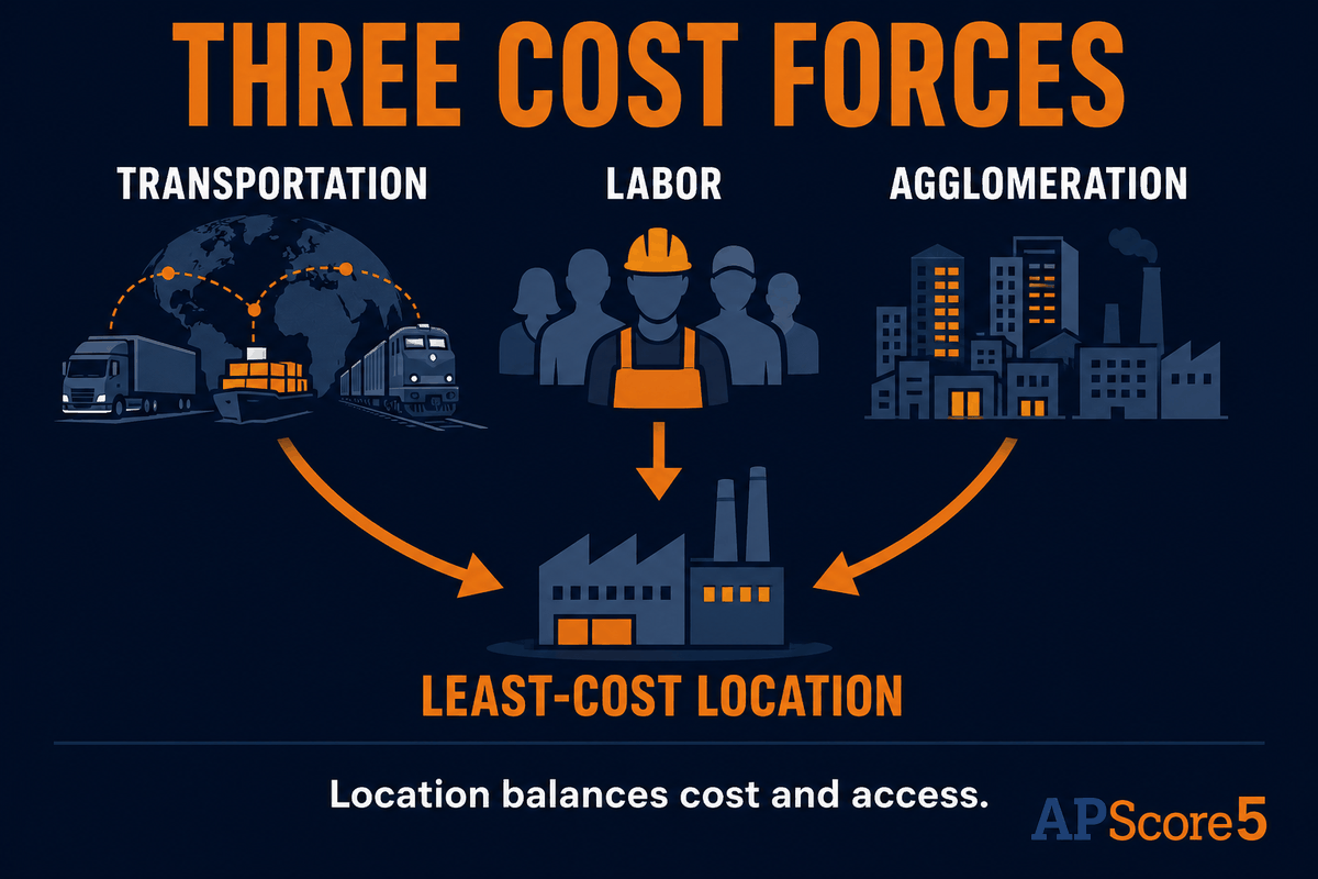 AP Human Geography Weber's three cost factors infographic showing transportation, labor, and agglomeration pulling factory location decisions.