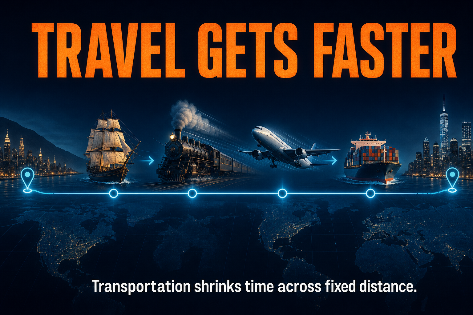 Transportation technology causing time-space compression in AP Human Geography with trains planes ships highways and logistics routes