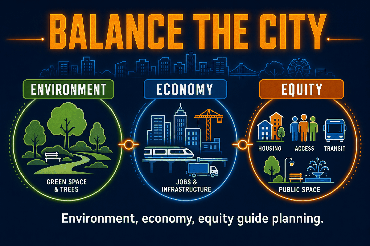 AP Human Geography triple bottom line sustainable cities infographic showing environmental, economic, and social sustainability in urban planning.