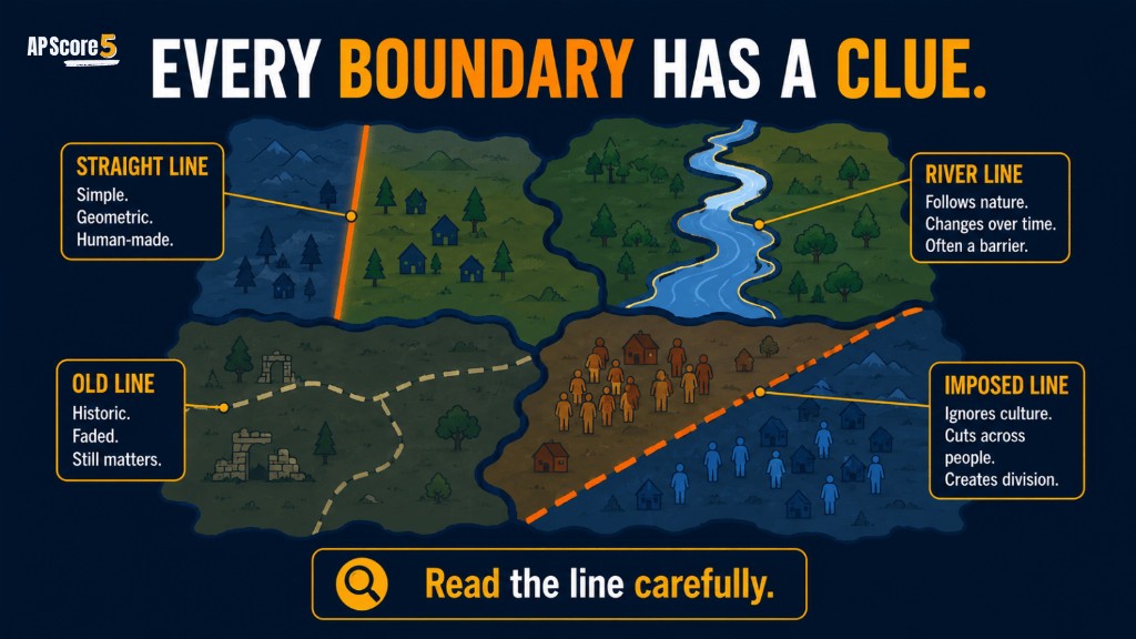 Types of boundaries AP Human Geography image showing map clues for geometric physical relic and superimposed boundaries