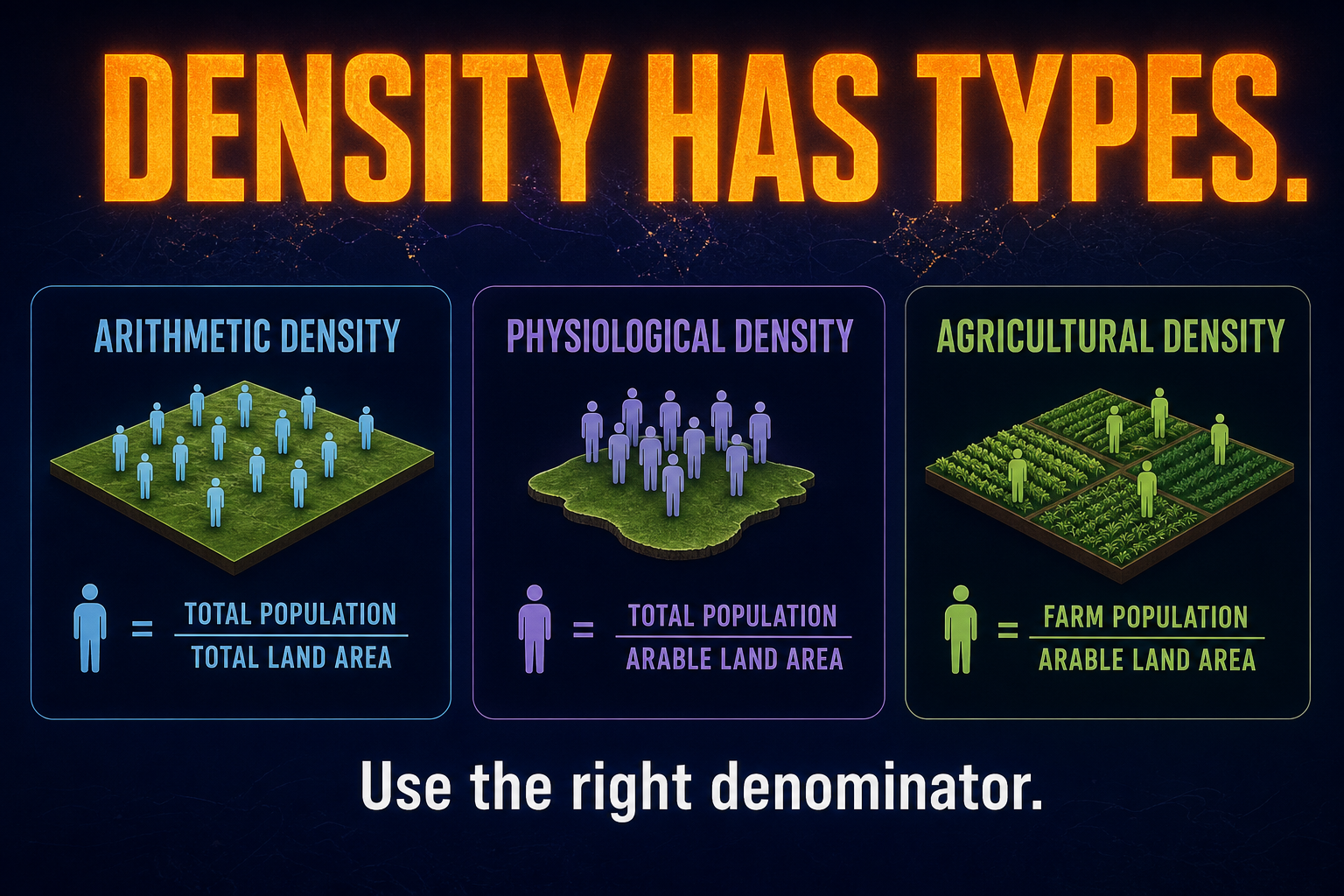 Types of density in AP Human Geography comparing arithmetic physiological and agricultural density