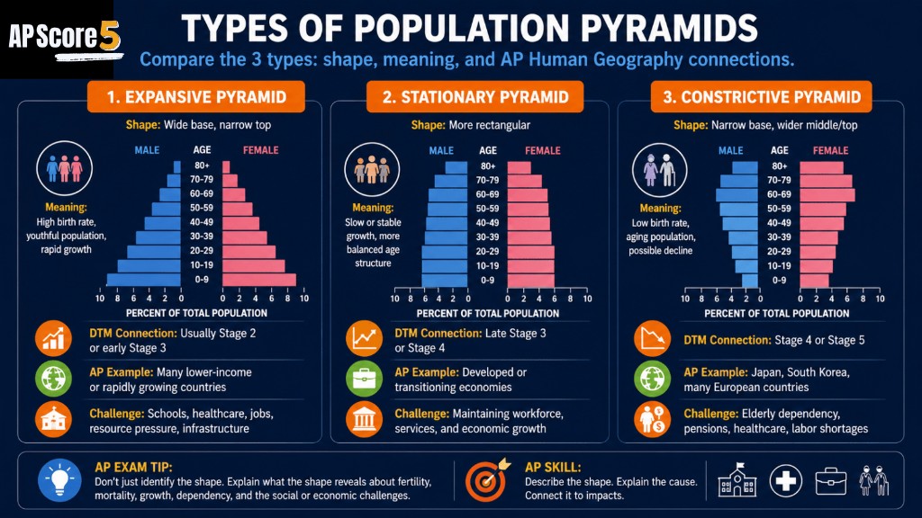Types of Population Pyramids โ Expansive, Stationary, and Constrictive AP HUG Types of population pyramids