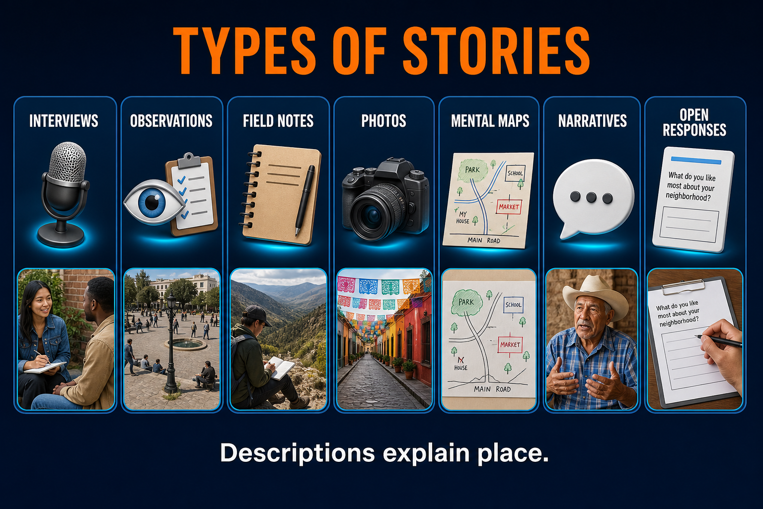 Types of qualitative geographic data in AP Human Geography including interviews observations field notes photographs mental maps narratives and open-ended responses