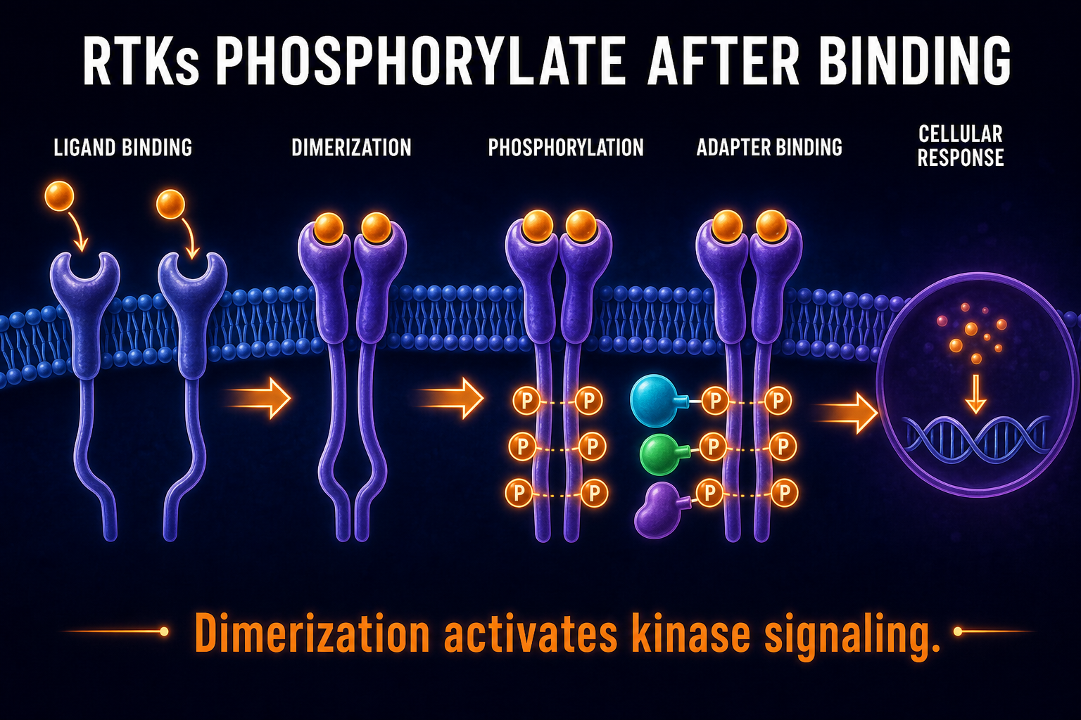 AP Biology tyrosine kinase receptor infographic showing ligand binding, receptor dimerization, tyrosine phosphorylation, relay proteins, and cellular response